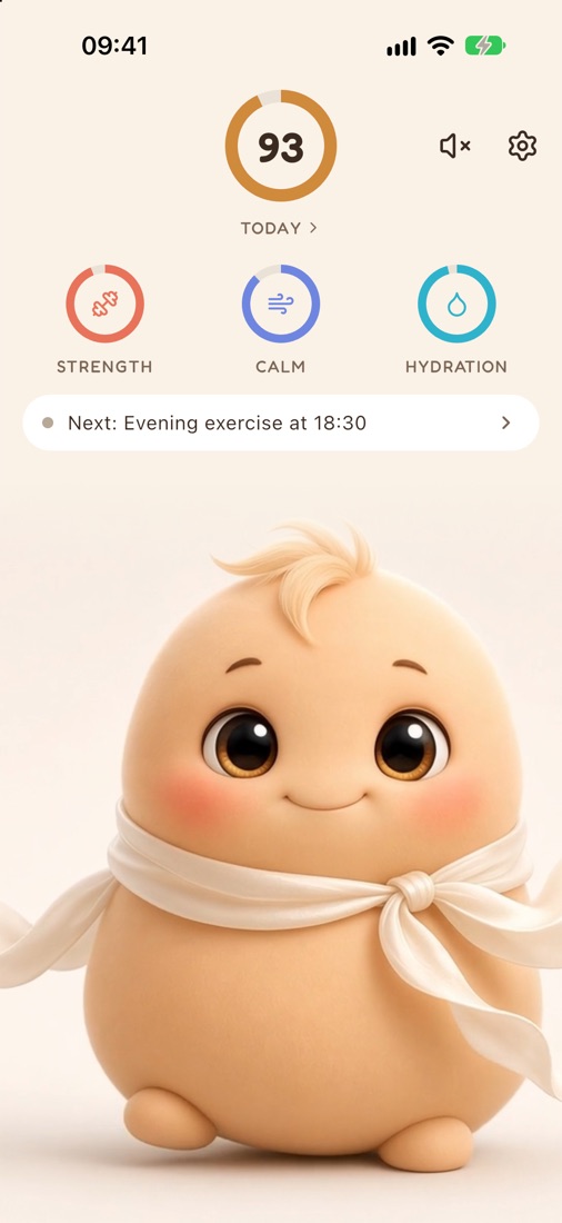 Puffulet's home screen: today's score 93, all three care rings nearly full, and a happy Puffy